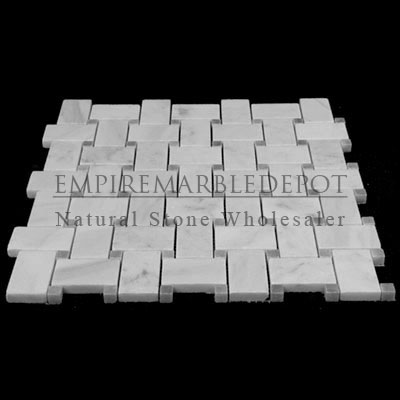 Carrara Marble Italian White Bianco Carrera Basketweave Mosaic Tile with Bardiglio Gray Dots Polished