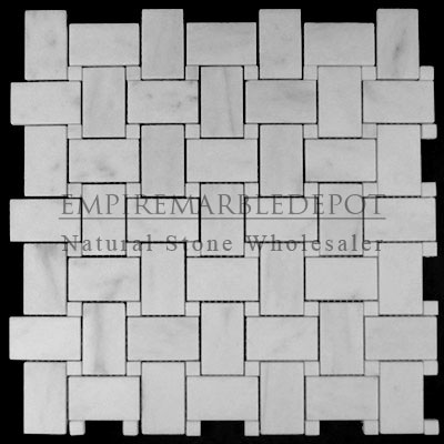 Carrara Marble Italian White Bianco Carrera Basketweave Mosaic Tile with Bianco Carrara Dots Polished