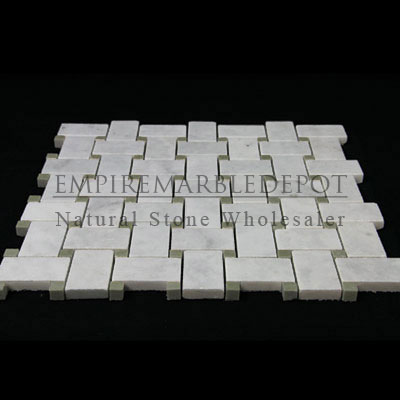 Carrara Marble Italian White Bianco Carrera Basketweave Mosaic Tile with Green Dots Honed