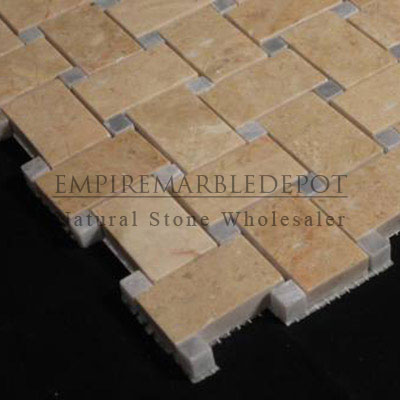 Crema Marfil Marble Basketweave Mosaic Tile with Bardiglio Gray Dots Polished