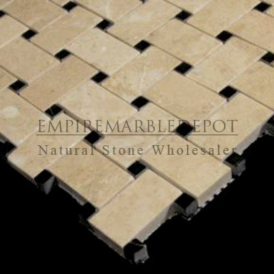 Crema Marfil Marble Basketweave Mosaic Tile with Nero Marquina Black Dots Polished