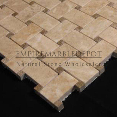 Crema Marfil Marble Basketweave Mosaic Tile with Light Emperador Dots Polished