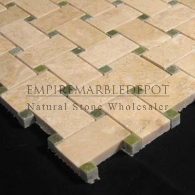 Crema Marfil Marble Basketweave Mosaic Tile with Green Dots Polished