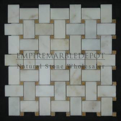 Afyon Gold Sugar Marble Basketweave Mosaic Tile with Golden Tobacco Dots Polished