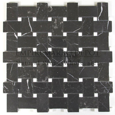 Nero Marquina Black Marble Basketweave Mosaic Tile with White Dots Polished