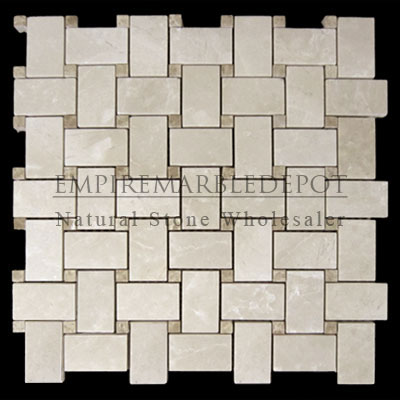 Botticino Marble Basketweave Mosaic Tile with Dark Emperador Dots Polished