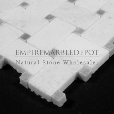 Statuary Crystal Marble Italian White Statuario Basketweave Mosaic Tile with Bardiglio Gray Dots Polished