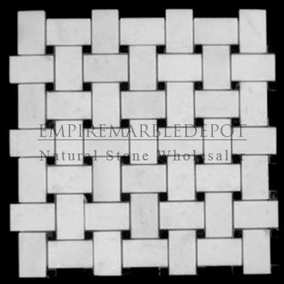 Statuary Crystal Marble Italian White Statuario Basketweave Mosaic Tile with Nero Marquina Black Dots Polished