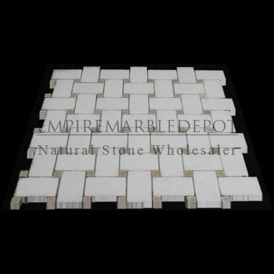 Statuary Crystal Marble Italian White Statuario Basketweave Mosaic Tile with Crema Marfil Dots Polished