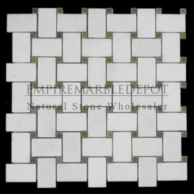 Statuary Crystal Marble Italian White Statuario Basketweave Mosaic Tile with Green Dots Polished